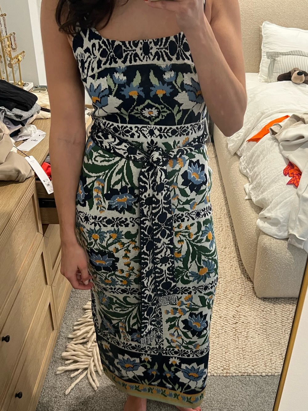 FARM Rio Navy, Green & Cream Floral Midi Dress with Self-Tie Waist